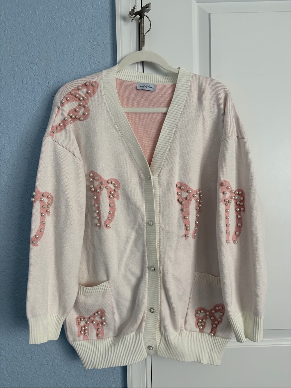 NWOT Pearl-Embellished Pink & Cream Cardigan Sweater
